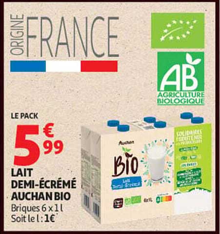 LE PACK LAIT DEMI-ÉCRÉMÉ AUCHAN BIO