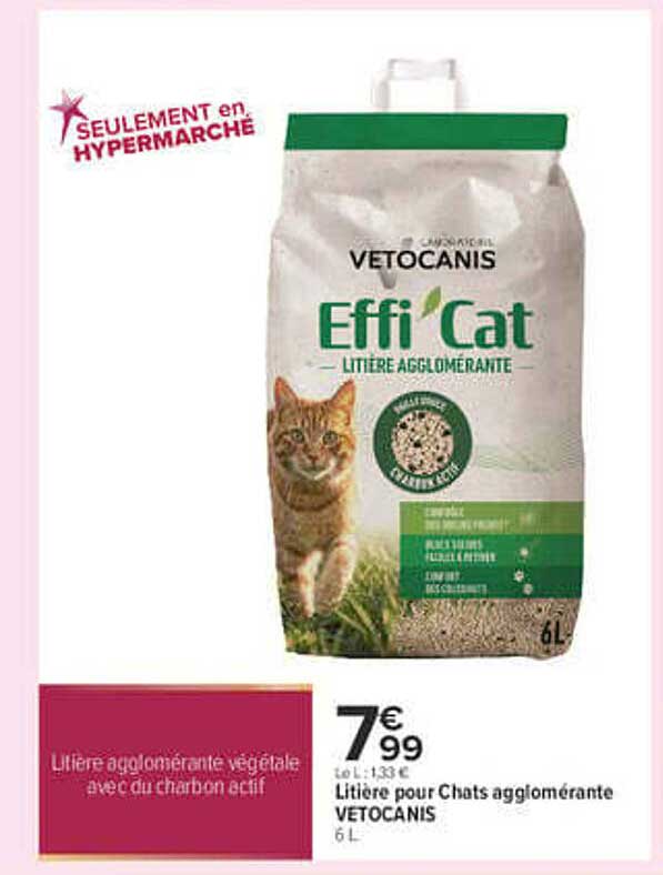 Litière agglomérante végétale avec du charbon actif
