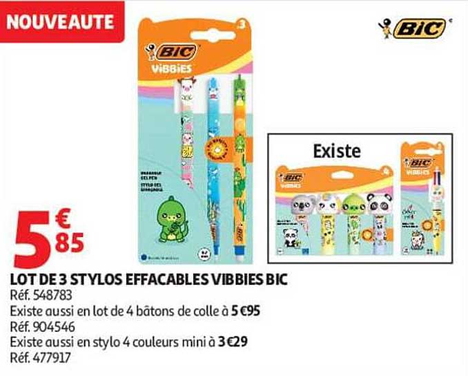LOT DE 3 STYLOS EFFACABLES VIBBIES BIC