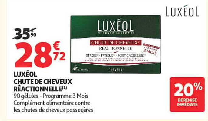 LUXÉOL CHUTE DE CHEVEUX RÉACTIONNELLE(1) 90 gélules - Programme 3 Mois Complément alimentaire contre les chutes de cheveux passagères