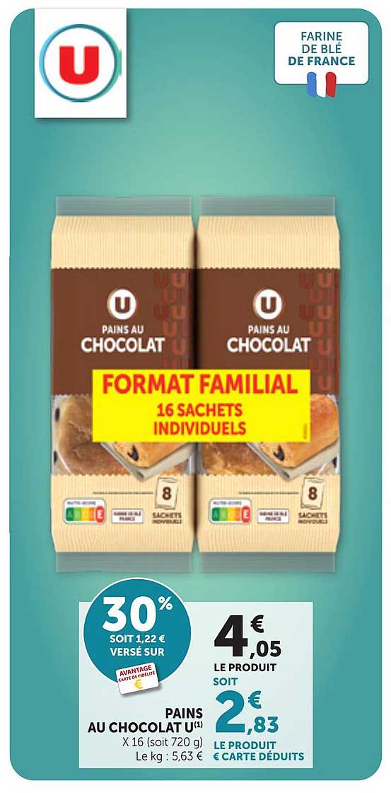 PAINS AU CHOCOLAT U FORMAT FAMILIAL 16 SACHETS INDIVIDUELS