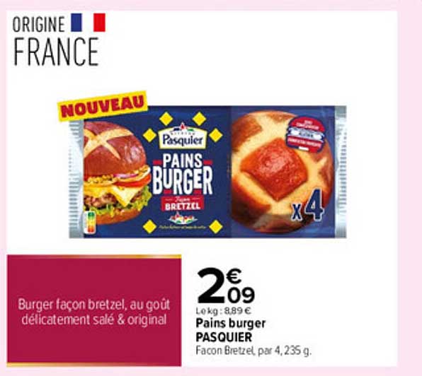 Pains burger PASQUIER Façon Bretzel, par 4, 235 g