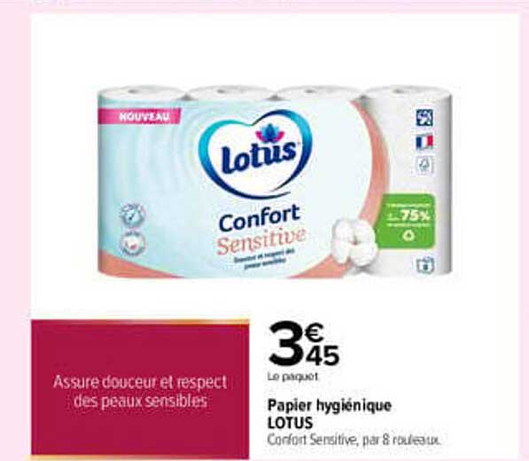Papier hygiénique LOTUS Confort Sensitive, par 8 rouleaux