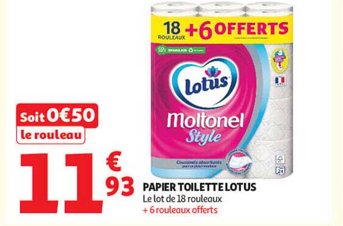 PAPIER TOILETTE LOTUS Lot de 18 rouleaux + 6 rouleaux offerts