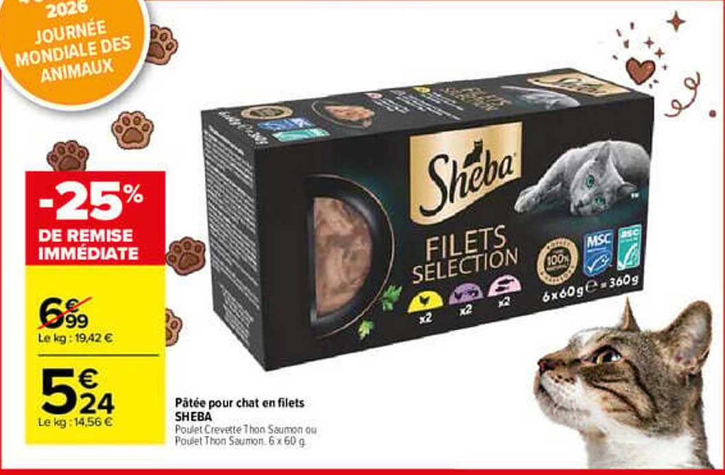 Pâtée pour chat en filets SHEBA Poulet Crevette Thon Saumon ou Poulet Thon Saumon 6 x 60 g