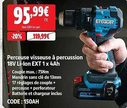 Perceuse visseuse à percussion 18V Li-Ion EXT 1 x 4Ah