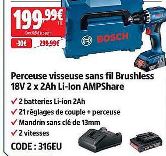 Perceuse visseuse sans fil Brushless 18V 2 x 2Ah Li-Ion AMPSHare