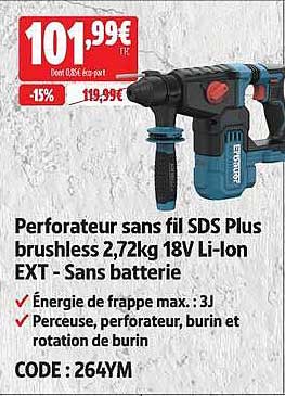 Perforateur sans fil SDS Plus brushless 2,72kg 18V Li-Ion EXT - Sans batterie