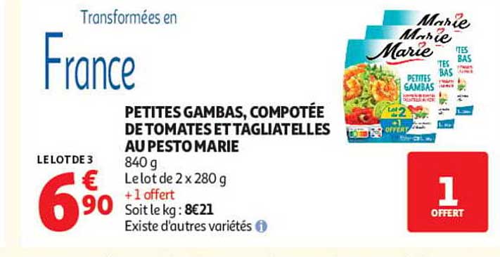 PETITES GAMBAS, COMPOTÉE DE TOMATES ET TAGLIATELLES AU PESTO MARIE