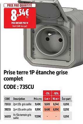 Prise terre 1P étanche grise complet
