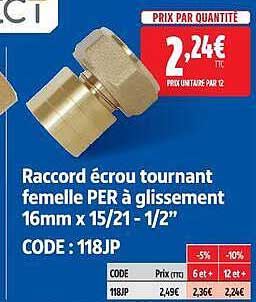 Raccord écrou tournant femelle PER à glissement 16mm x 15/21 - 1/2"