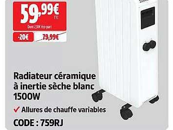 Radiateur céramique à inertie sèche blanc 1500W