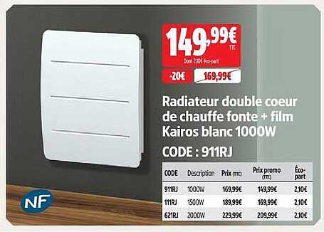 Radiateur double coeur de chauffe fonte + film Kairos blanc 1000W