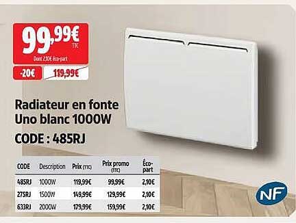 Radiateur en fonte Uno blanc 1000W CODE : 485RJ