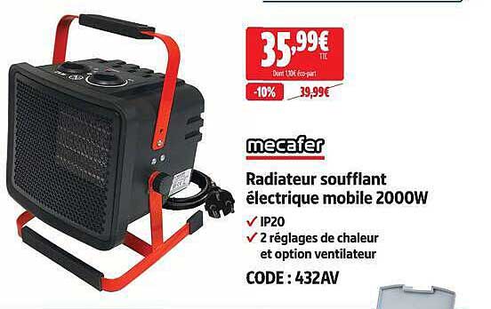Radiateur soufflant électrique mobile 2000W
