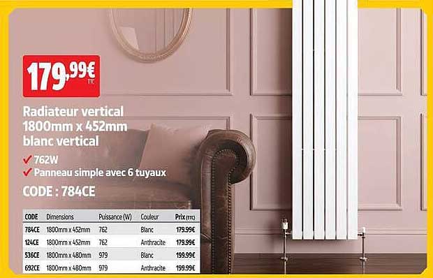 Radiateur vertical 1800mm x 452mm blanc vertical
