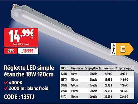 Réglette LED simple étanche 18W 120cm