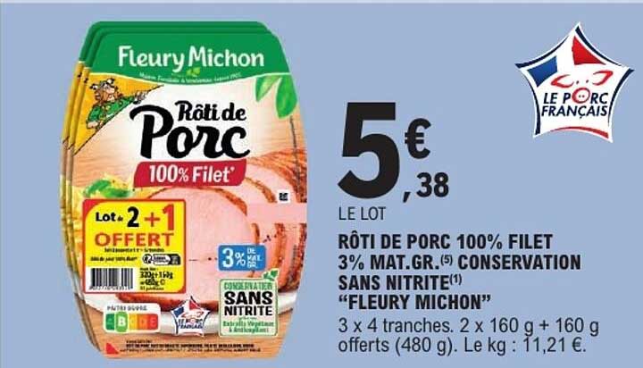 RÔTI DE PORC 100% FILET 3% MAT.GR.(5) CONSERVATION SANS NITRITE(1) “FLEURY MICHON”