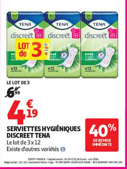 SERVIETTES HYGIÉNIQUES DISCREET TENA