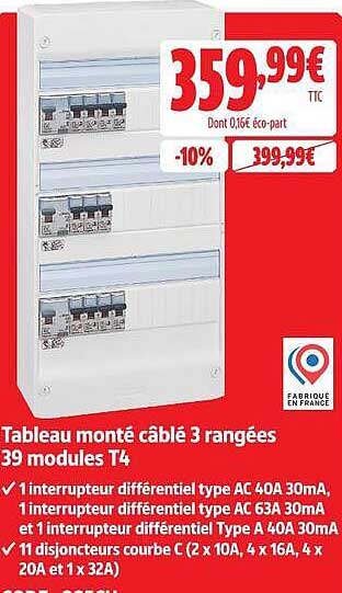 Tableau monté câblé 3 rangées 39 modules T4
