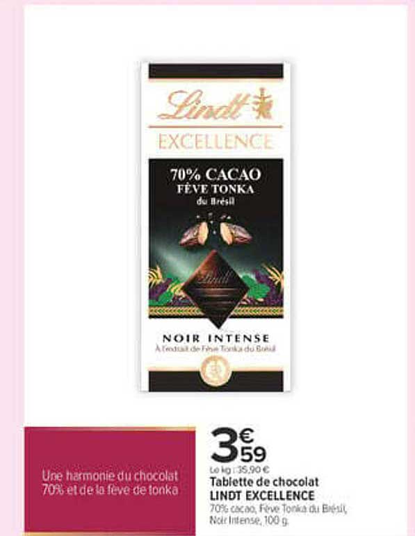 Tablette de chocolat LINDT EXCELLENCE 70% cacao, fève Tonka du Brésil, Noir Intense, 100 g