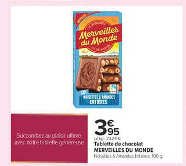 Tablette de chocolat MERVEILLES DU MONDE Noisettes & Amandes Entières, 100 g