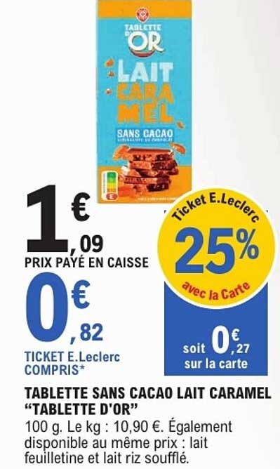 TABLETTE SANS CACAO LAIT CARAMEL "TABLETTE D'OR"
