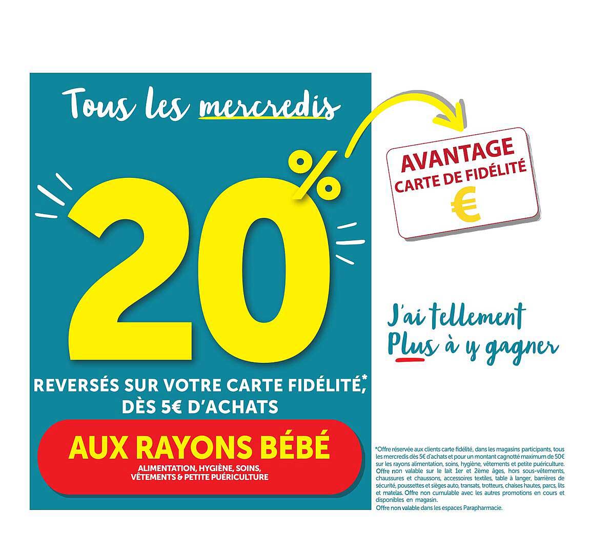 Tous les mercredis 20% reversés sur votre carte fidélité, dès 5€ d’achats aux rayons bébé