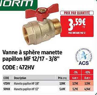 Vanne à sphère manette papillon MF 12/17 - 3/8"