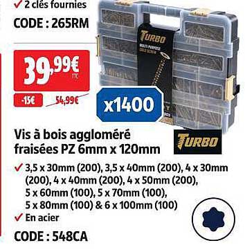 Vis à bois aggloméré fraisées PZ 6mm x 120mm