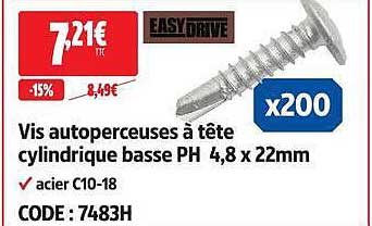 Vis autoperceuses à tête cylindrique basse PH 4,8 x 22mm