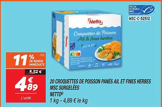 20 CROQUETTES DE POISSON PANÉS AIL ET FINES HERBES MSC SURGELÉES