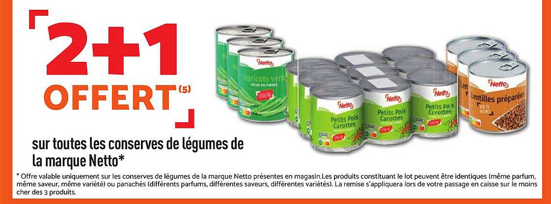 2+1 OFFERT sur toutes les conserves de légumes de la marque Netto