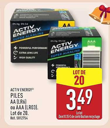 ACTIV ENERGY® PILES AA (LR6) ou AAA (LR03). Lot de 20.