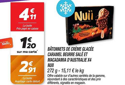 BÂTONNETS DE CRÈME GLACÉE CARAMEL BEURRE SALÉ ET MACADAMIA D'AUSTRALIE X4 NUII