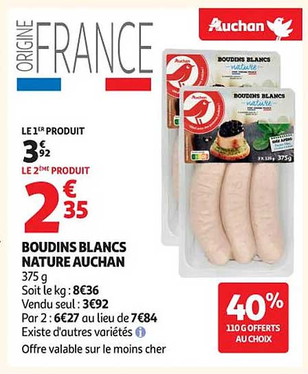 BOUDINS BLANCS NATURE AUCHAN