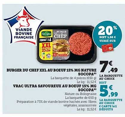 BURGER DU CHEF XXL AU BOEUF 15% MG NATURE SOCOPA