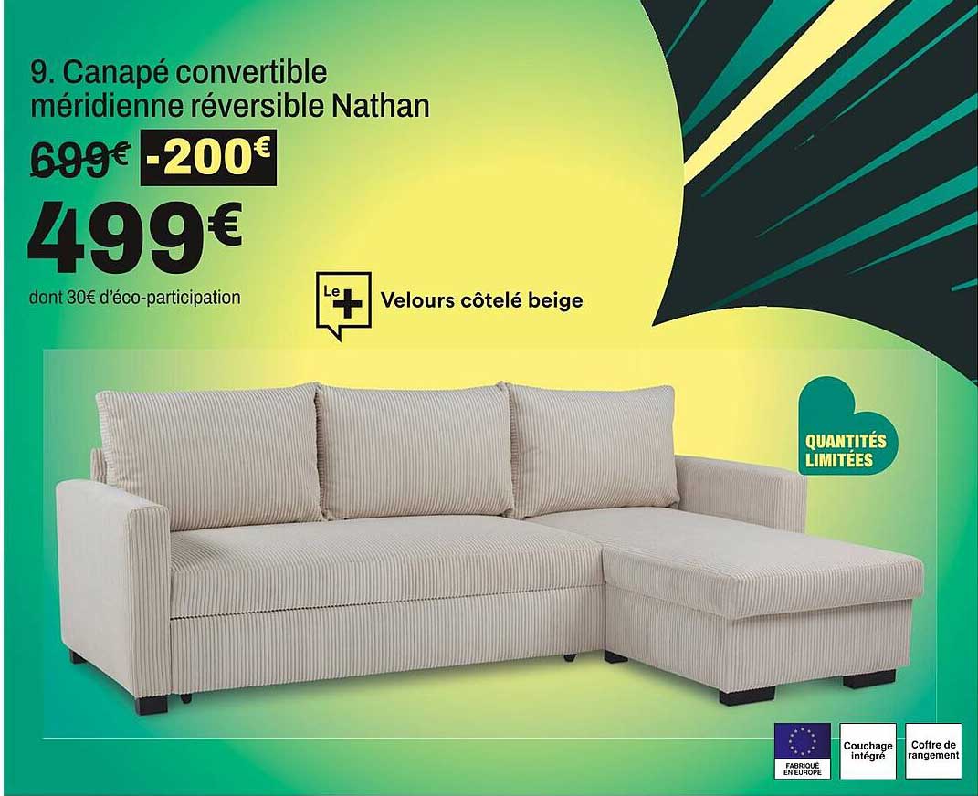 Canapé convertible méridienne réversible Nathan