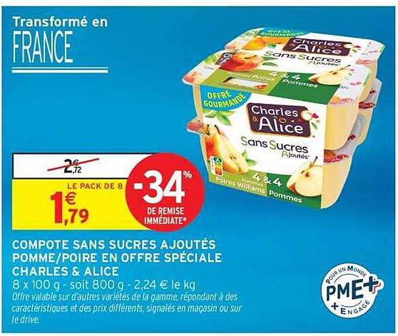 COMPOTE SANS SUCRES AJOUTÉS POMME/POIRE EN OFFRE SPÉCIALE CHARLES & ALICE