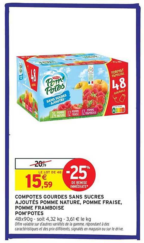 COMPOTES GOURDES SANS SUCRES AJOUTÉS POMME NATURE, POMME FRAISE, POMME FRAMBOISE POM'POTES