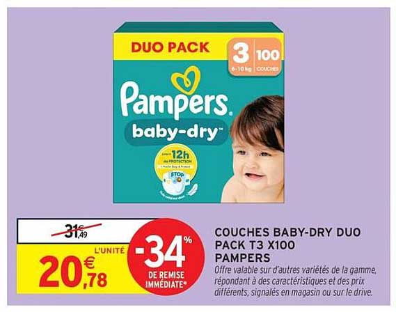 COUCHES BABY-DRY DUO PACK T3 X100 PAMPERS