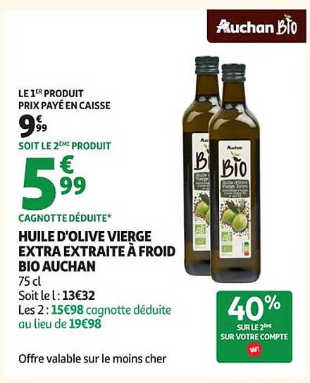 HUILE D'OLIVE VIERGE EXTRA EXTRAITE À FROID BIO AUCHAN