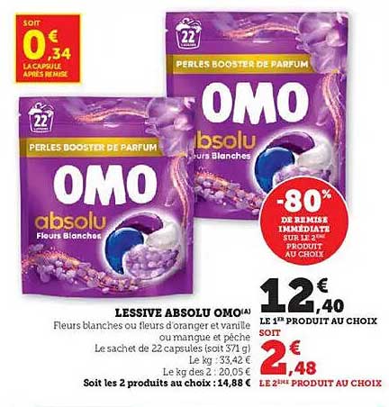 LESSIVE ABSOLU OMO(A) Fleurs blanches ou fleurs d'orange et vanille ou mangue et pêche