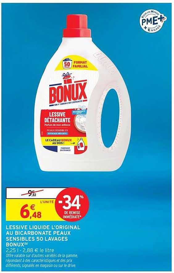 LESSIVE LIQUIDE L'ORIGINAL AU BICARBONATE PEAUX SENSIBLES 50 LAVAGES BONUX