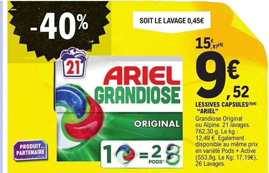 LESSIVES CAPSULES "ARIEL" (5/6) - Grandiose Original ou Alpine. 21 lavages.
