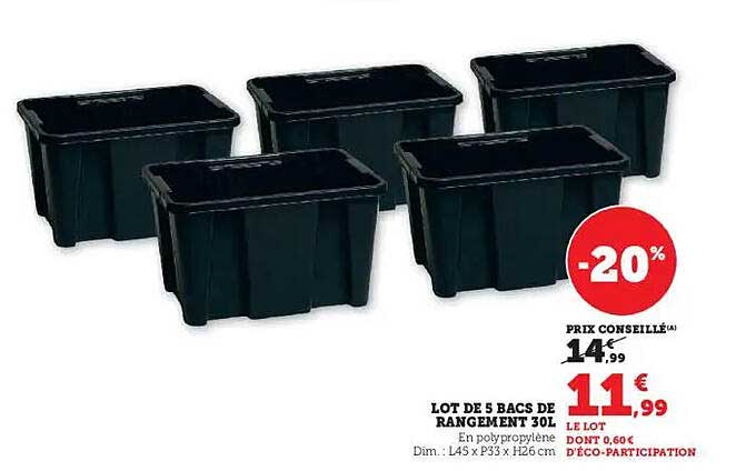 LOT DE 5 BACS DE RANGEMENT 30L