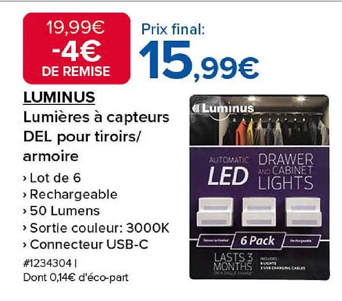 LUMINUS Lumières à capteurs DEL pour tiroirs/armoire