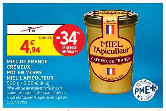 MIEL DE FRANCE CRÉMEUX POT EN VERRE MIEL L'APICULTEUR