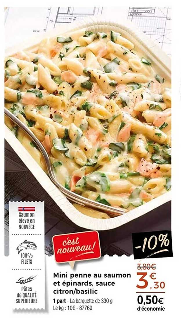 Mini penne au saumon et épinards, sauce citron/basilic