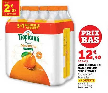 Pack de 5 bouteilles de jus d’orange Tropicana + 1 offerte